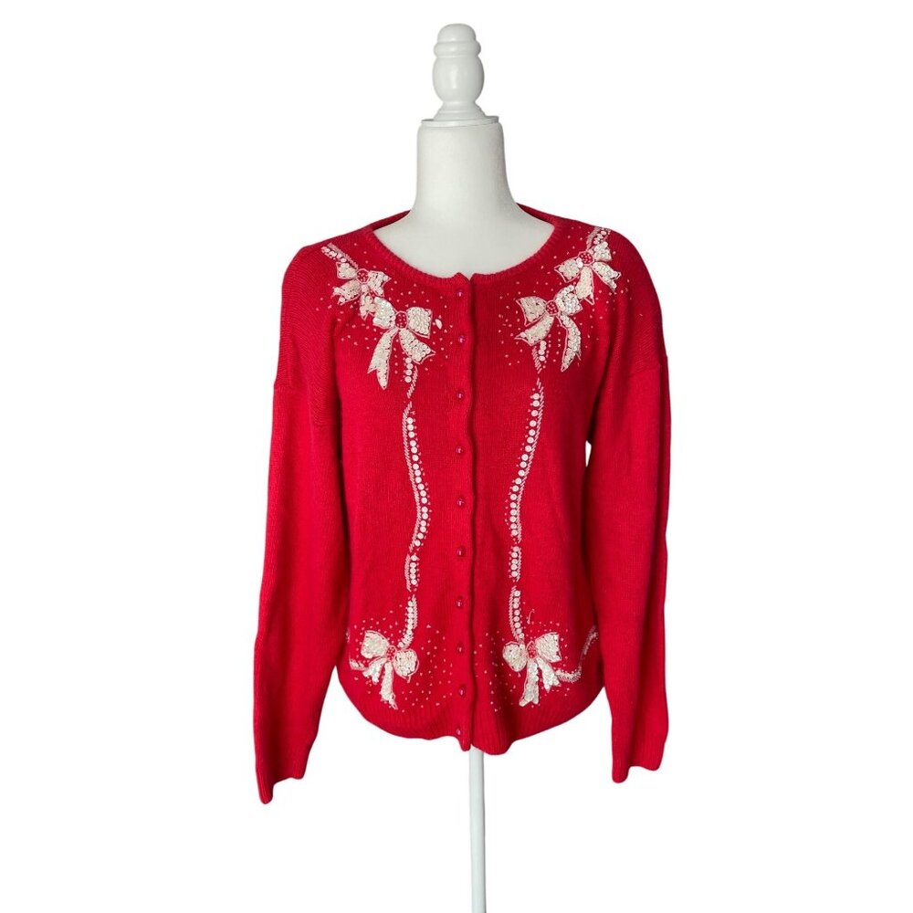 Vintage Red Cardigan W/Sequin Bows & Beads Sz L Silk/Angora Blend Dana Scott